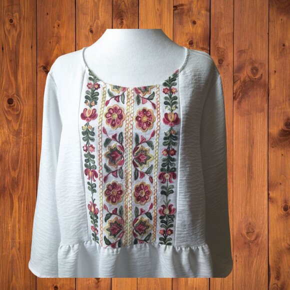 NYCC Women's 2X White 3/4 Bell Sleeve Embroidered Boho Peplum Blouse Pullover - Picture 2 of 6